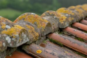 Mossy tiled roof ridge capping